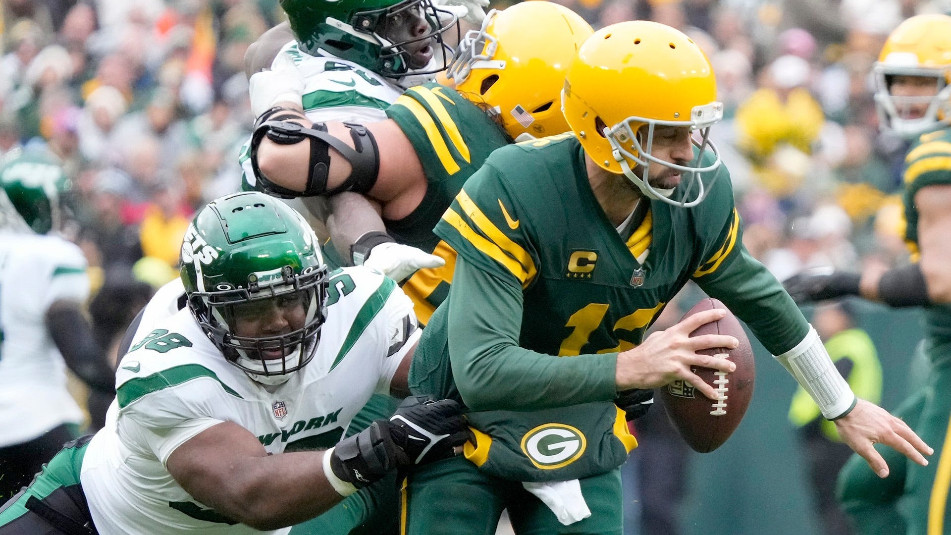 New York Jets defensive tackle Sheldon Rankins, Green Bay Packers quarterback Aaron Rodgers