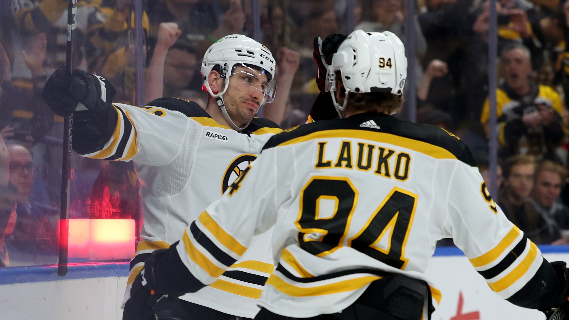 Boston Bruins right wing Garnet Hathaway, center Jakub Lauko