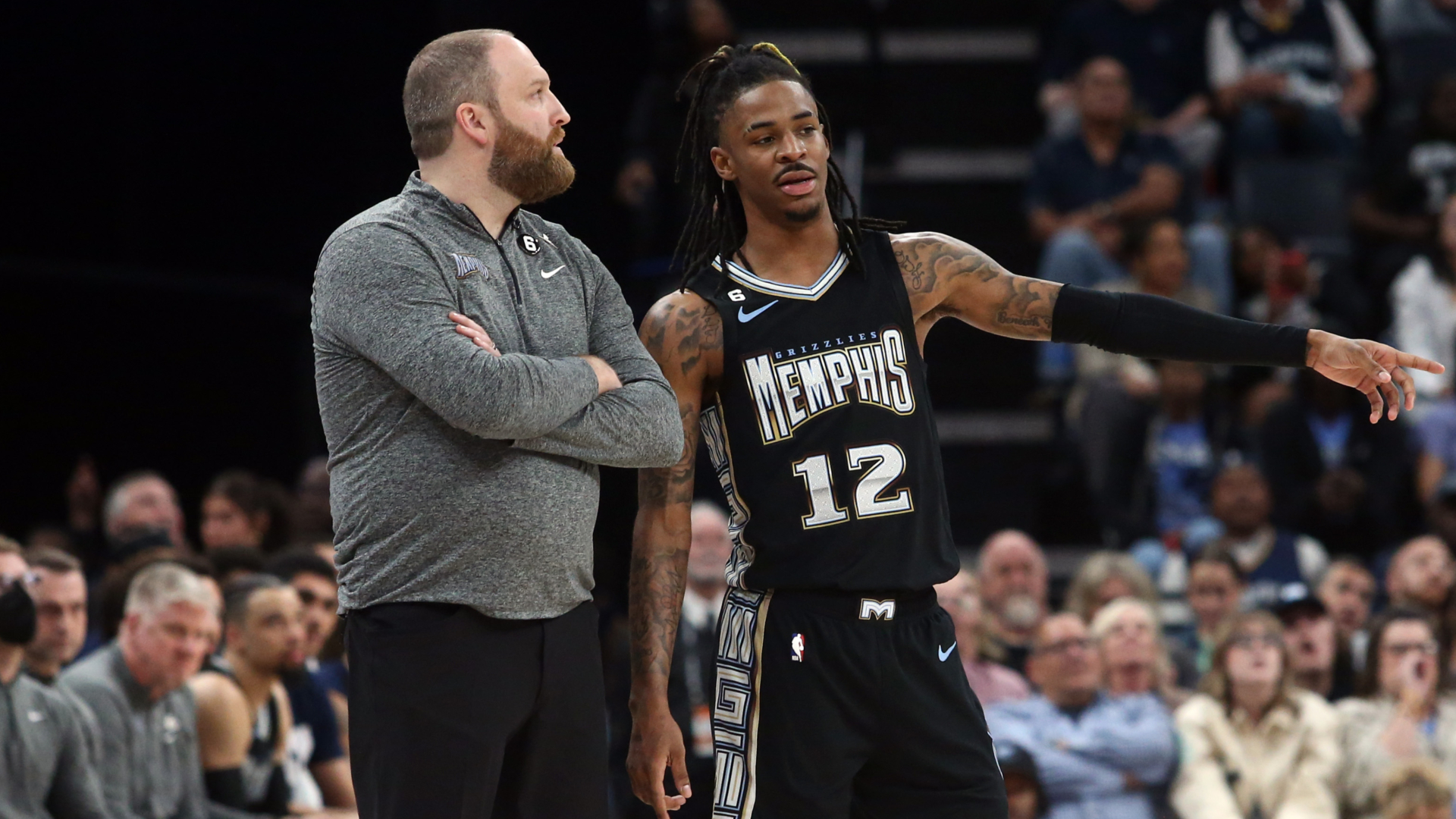 Memphis Grizzlies guard Ja Morant and head coach Taylor Jenkins