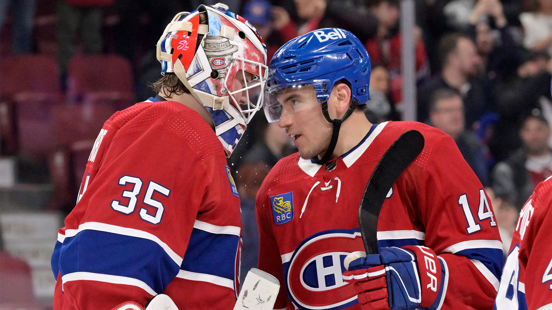 Montreal Canadiens forward Nick Suzuki and goaltender Sam Montembeault