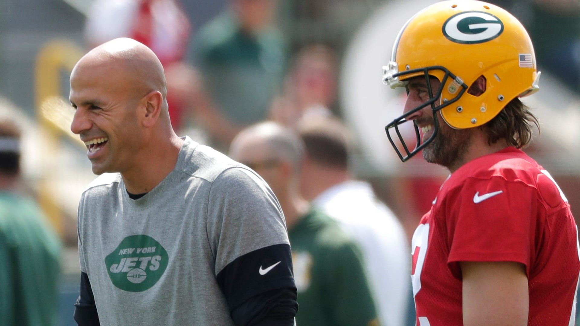 New York Jets coach Robert Saleh, Green Bay Packers quarterback Aaron Rodgers