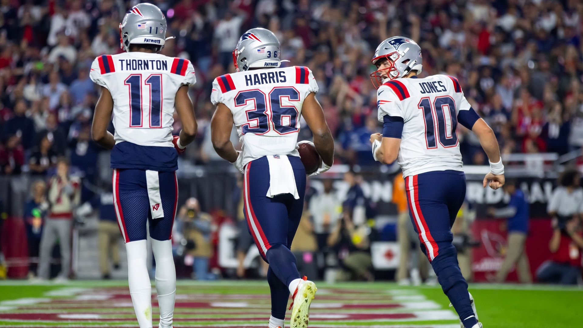 New England Patriots wide receiver Tyquan Thornton and quarterback Mac Jones
