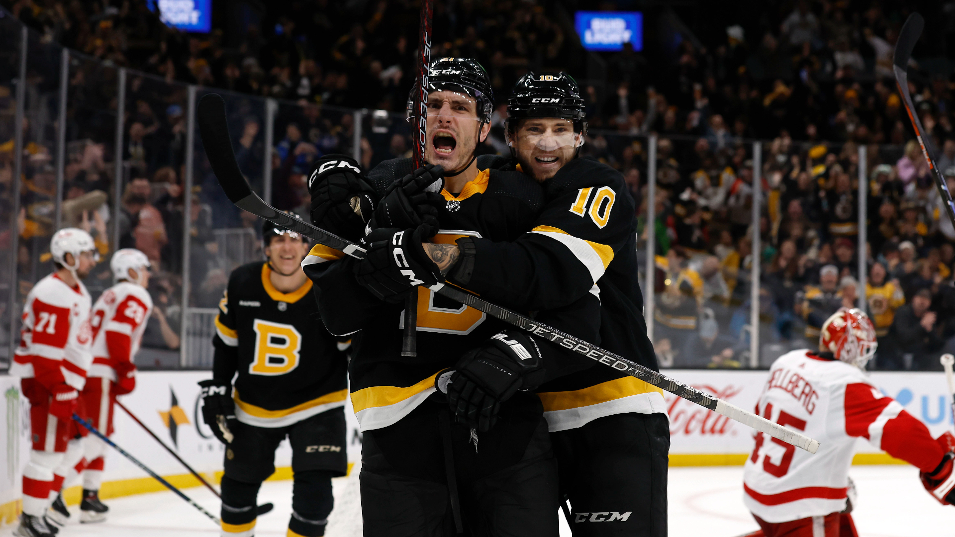 Boston Bruins forwards Garnet Hathaway, A.J. Greer