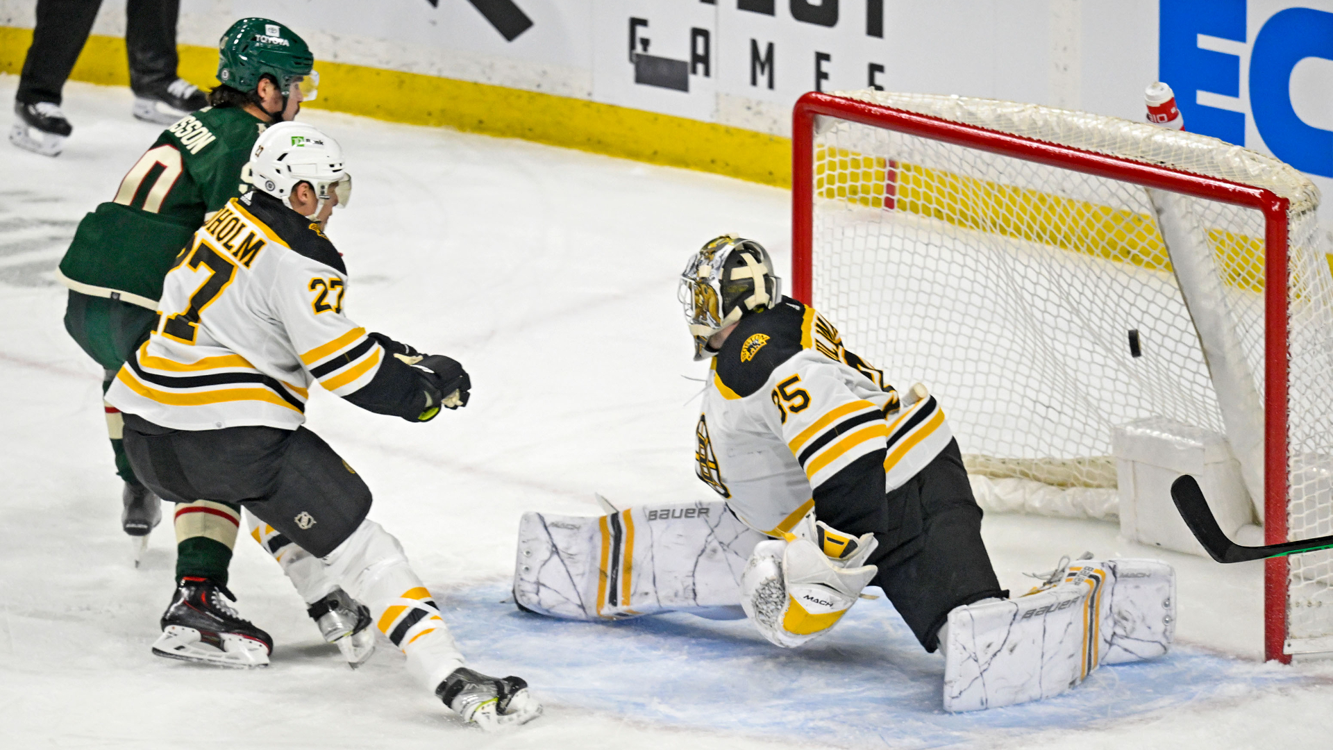Boston Bruins goalie Linus Ullmar, defenseman Hampus Lindholm, Minnesota Wild forward Marcus Johansson