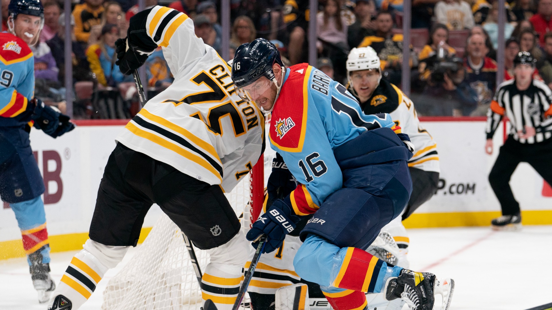 Boston Bruins defenseman Connor Clifton and Florida Panthers center Aleksander Barkov