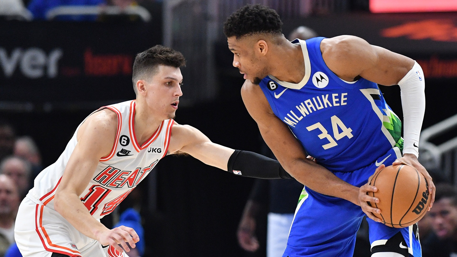 Milwaukee Bucks forward Giannis Antetokounmpo and Miami Heat guard Tyler Herro