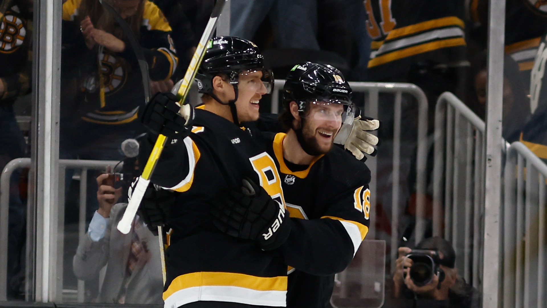 Boston Bruins defenseman Hampus Lindholm and forward Pavel Zacha