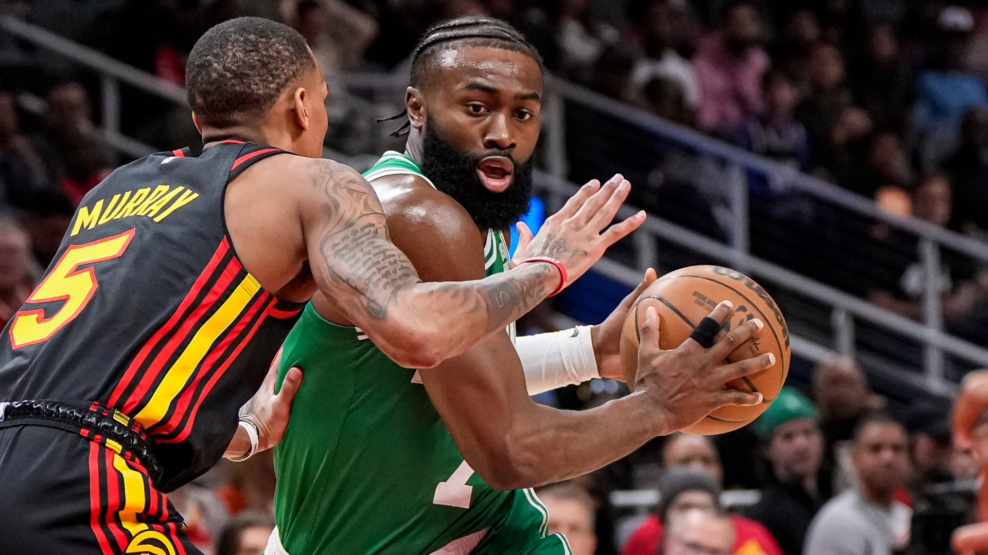Boston Celtics guard Jaylen Brown and Atlanta Hawks guard Dejounte Murray