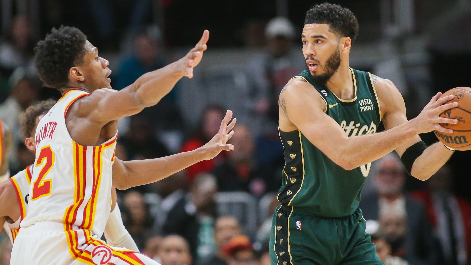 Boston Celtics forward Jayson Tatum, Atlanta Hawks forward De'Andre Hunter
