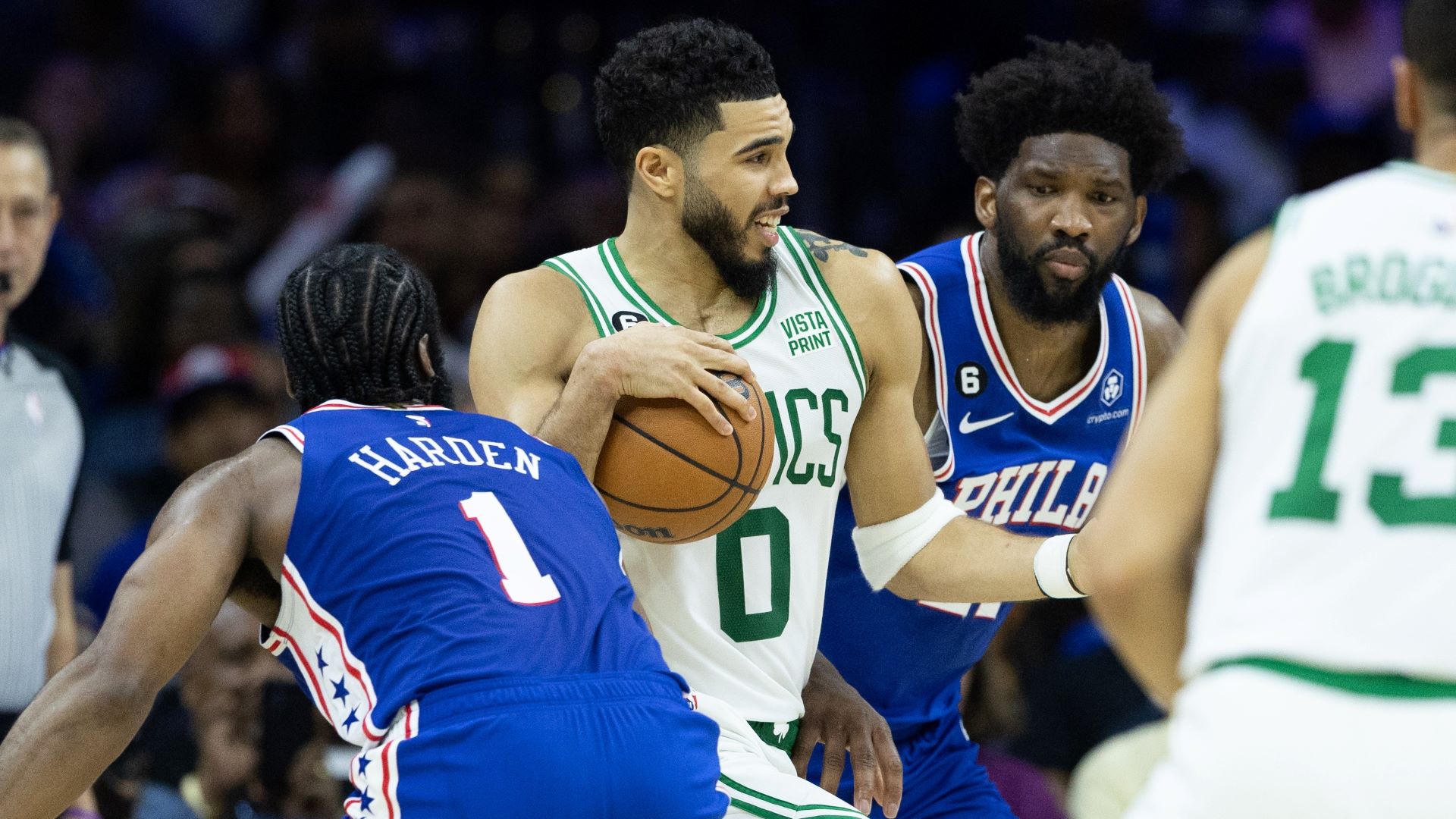 Boston Celtics forward Jayson Tatum and Philadelphia 76ers center Joel Embiid