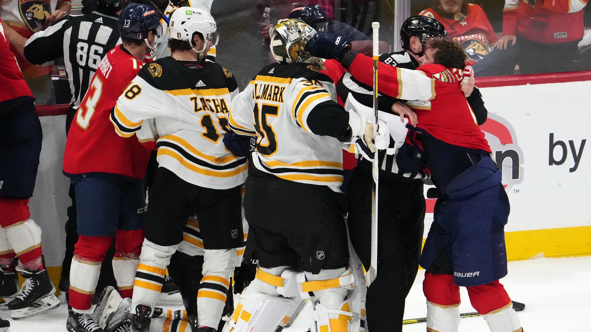 Florida Panthers left wing Matthew Tkachuk, Boston Bruins goaltender Linus Ullmark