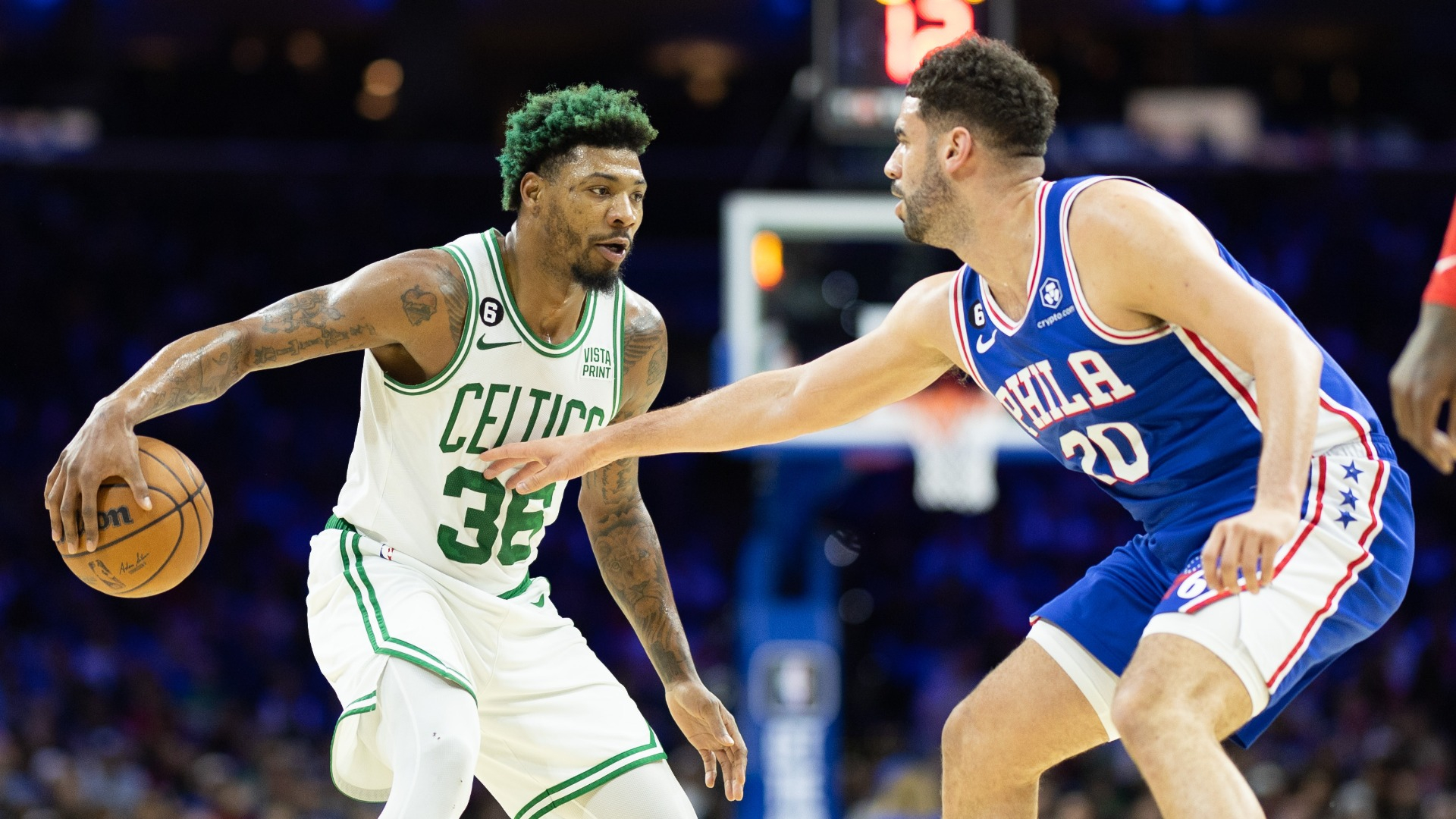 Boston Celtics point guard Marcus Smart, Philadelphia 76ers forward Georges Niang