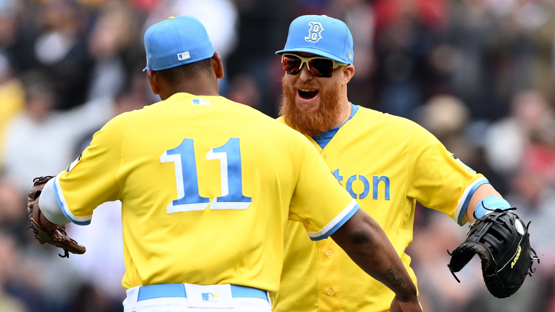 Boston Red Sox third baseman Rafael Devers, first baseman Justin Turner