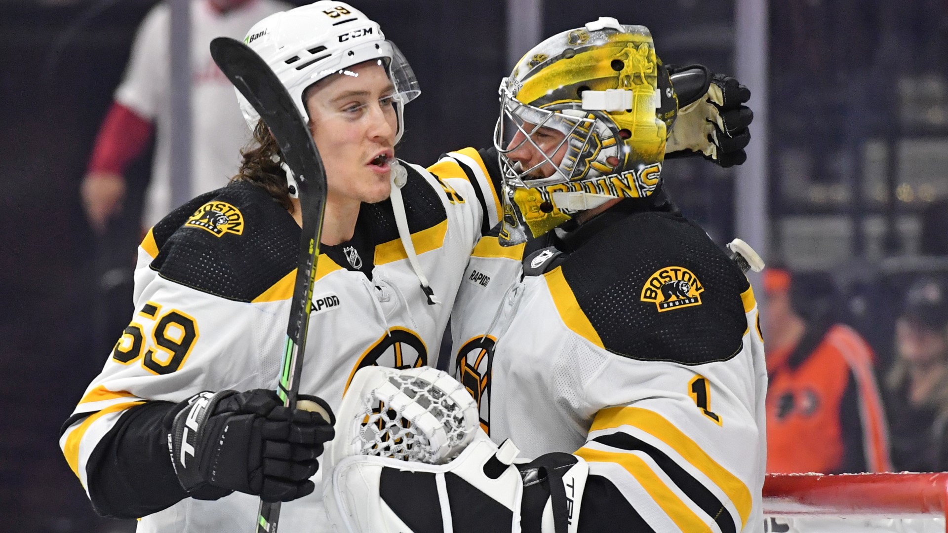 Boston Bruins forward Tyler Bertuzzi, goalie Jeremy Swayman