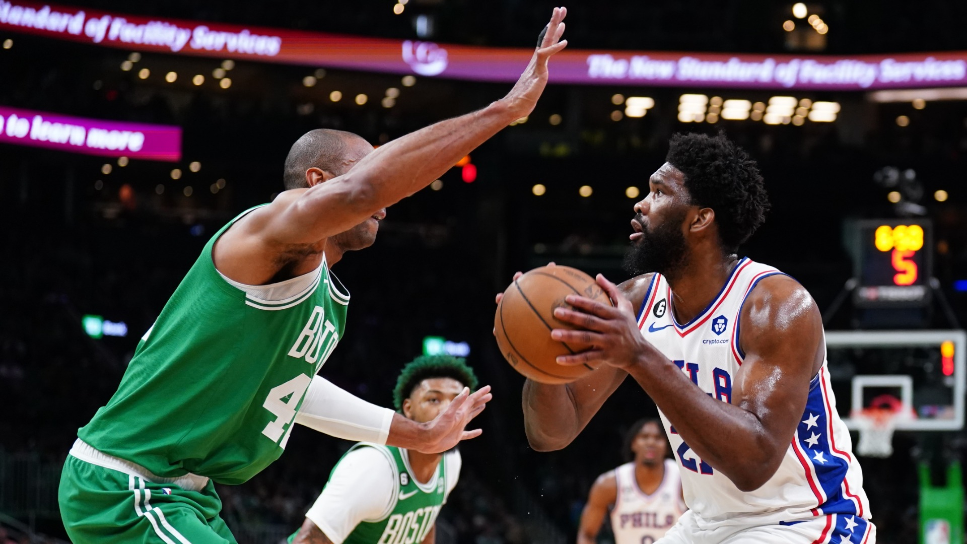 Boston Celtics center Al Horford and Philadelphia 76ers center Joel Embiid