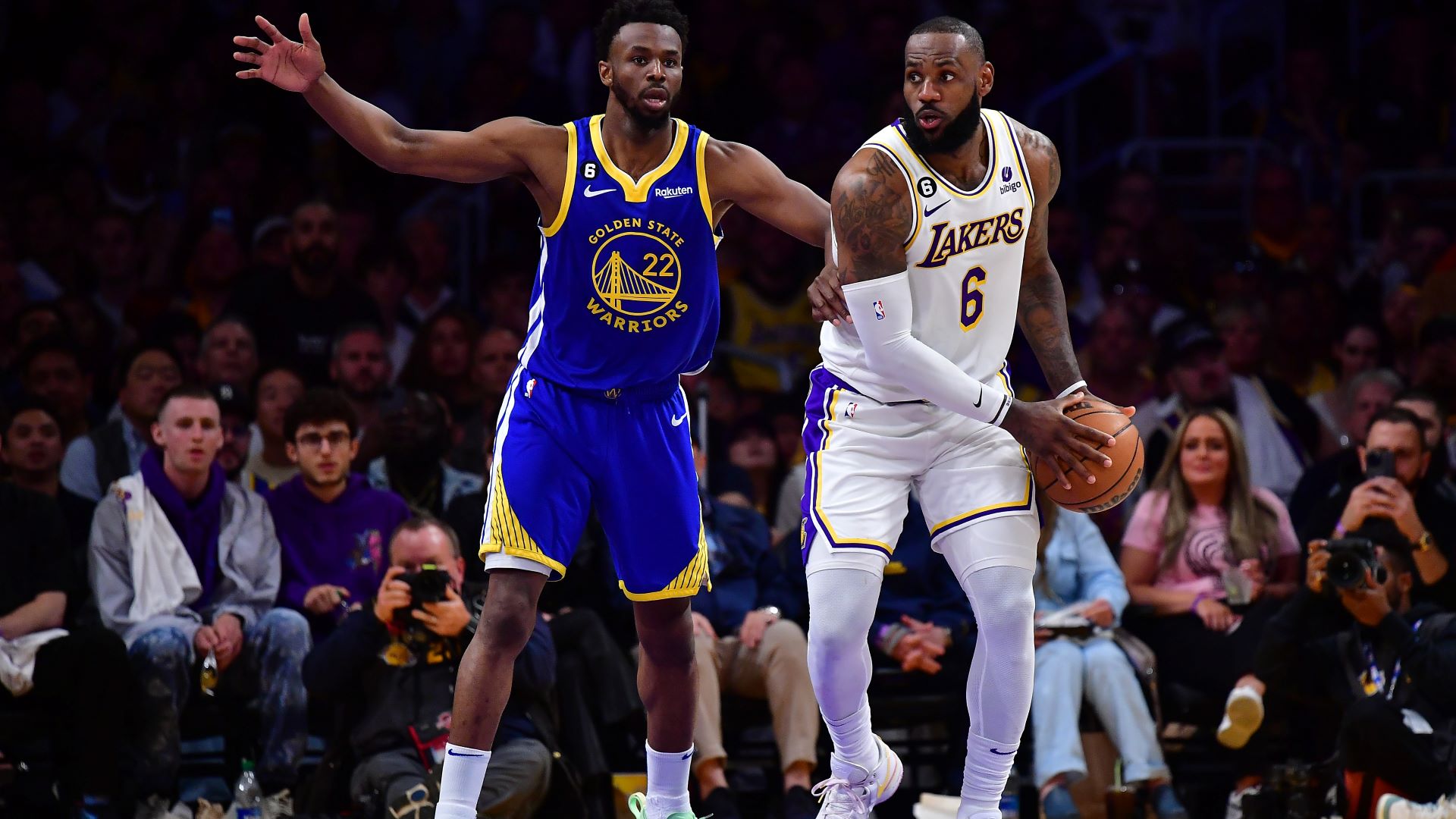 Golden State Warriors forward Andrew Wiggins and Los Angeles Lakers forward LeBron James