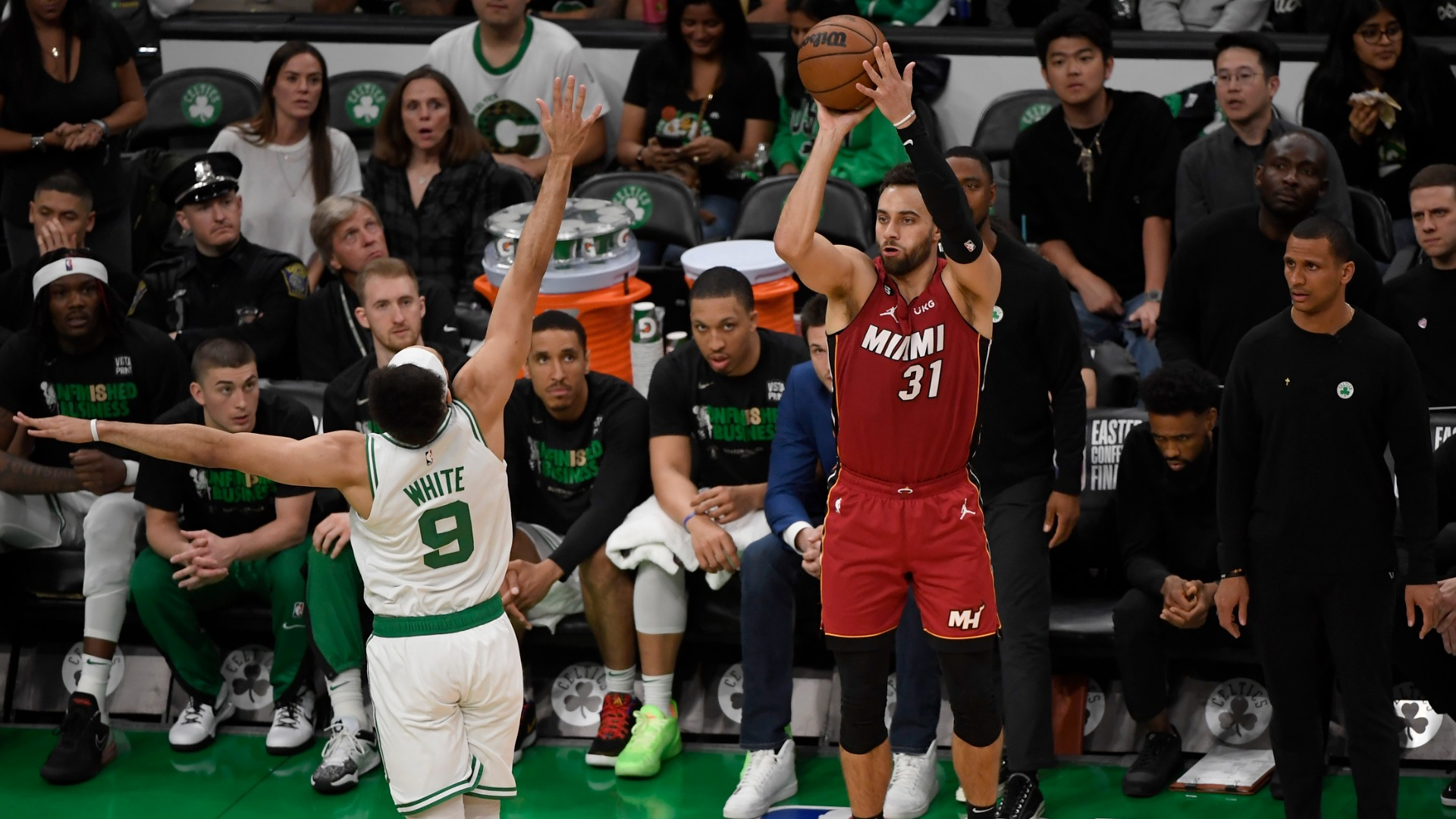Boston Celtics guard Derrick White and Miami Heat guard Max Strus