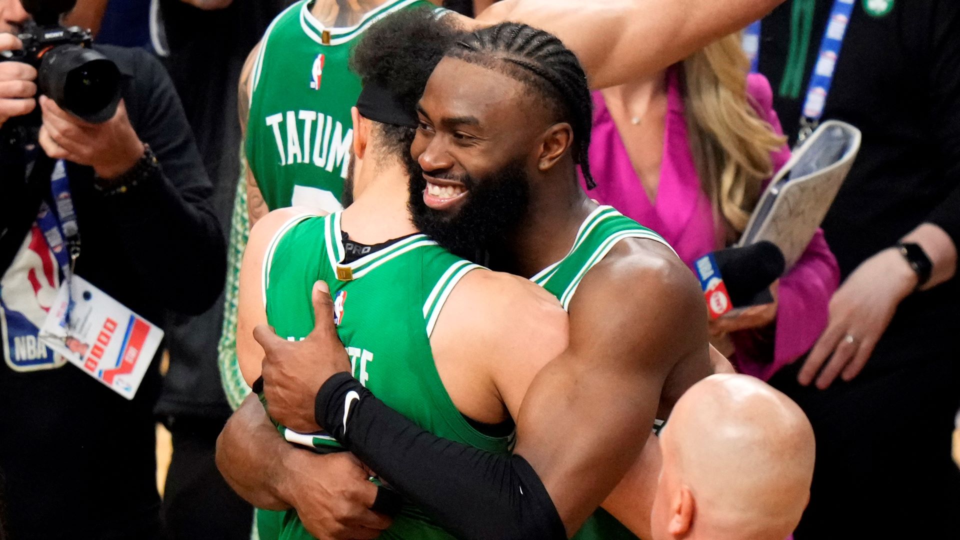 Boston Celtics teammates Derrick White and Jaylen Brown