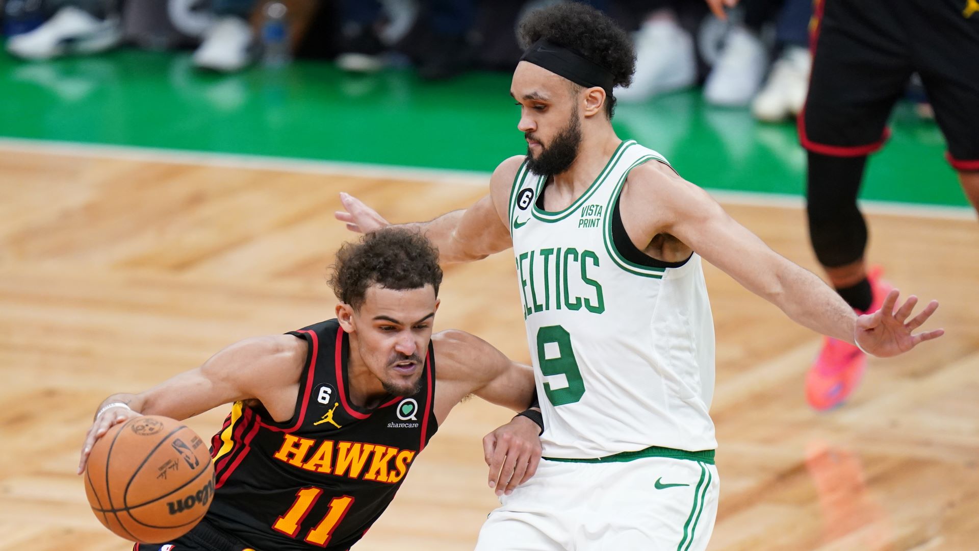 Boston Celtics guard Derrick White and Atlanta Hawks guard Trae Young