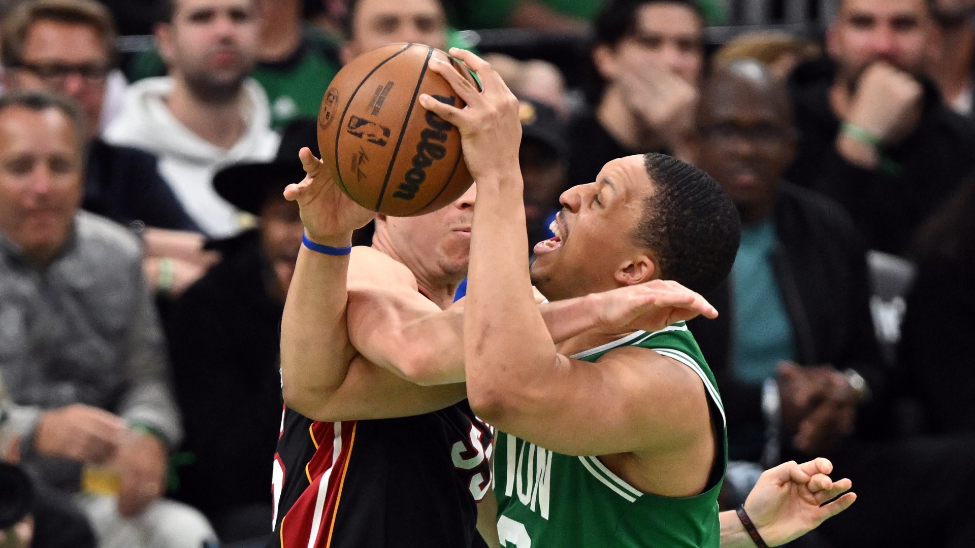 Boston Celtics forward Grant Williams and Miami Heat forward Duncan Robinson