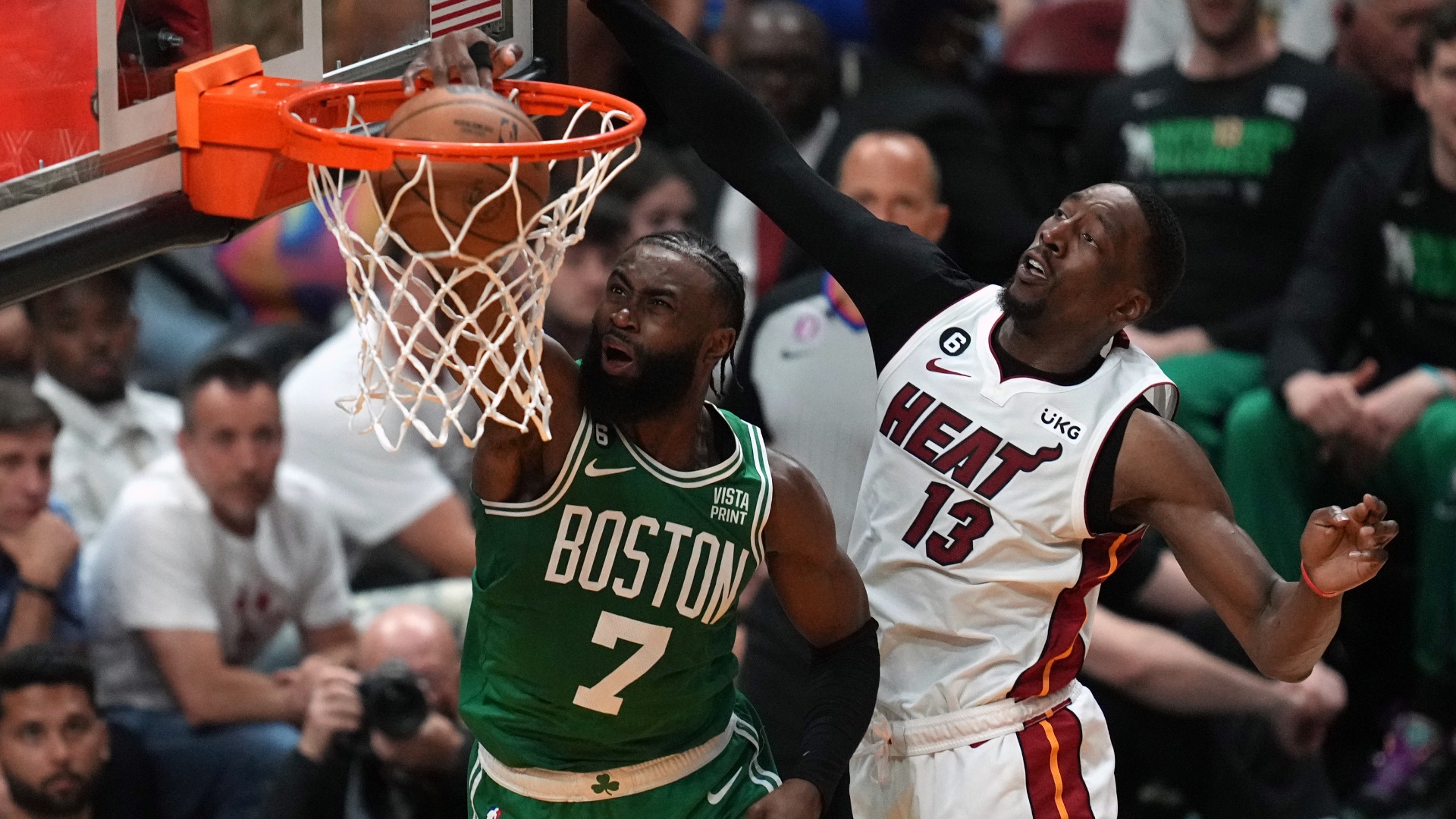 Boston Celtics guard Jaylen Brown and Miami Heat center Bam Adebayo