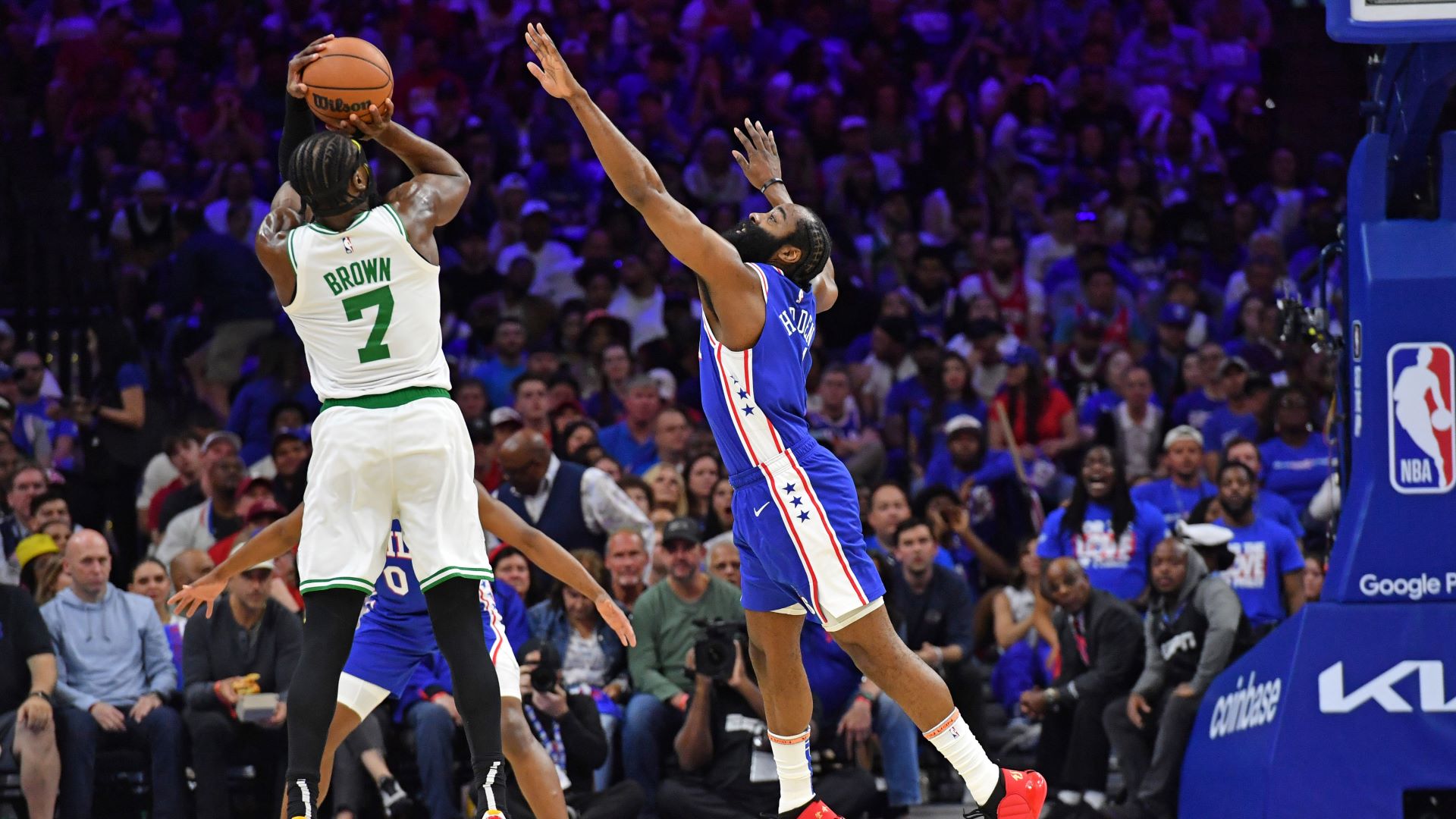 Boston Celtics guard Jaylen Brown and Philadelphia 76ers guard James Harden
