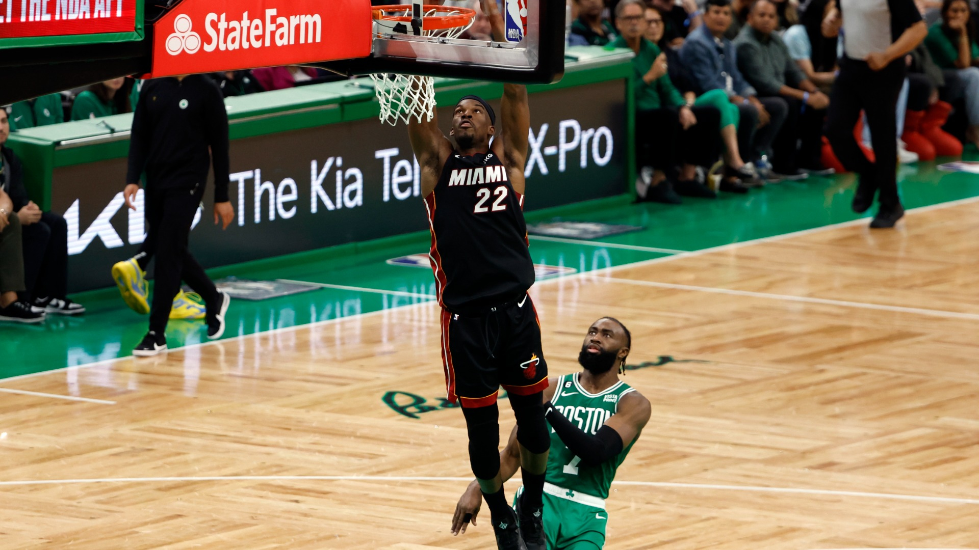 Boston Celtics guard Jaylen Brown and Miami Heat forward Jimmy Butler