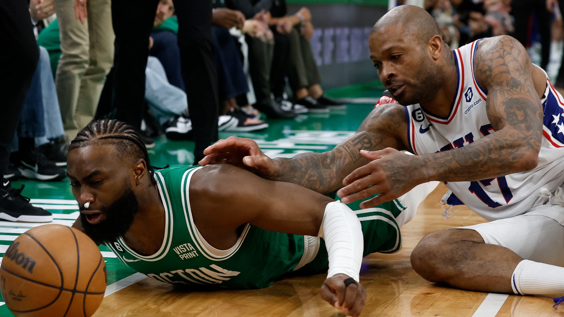 Boston Celtics guard Jaylen Brown, Philadelphia 76ers forward P.J. Tucker