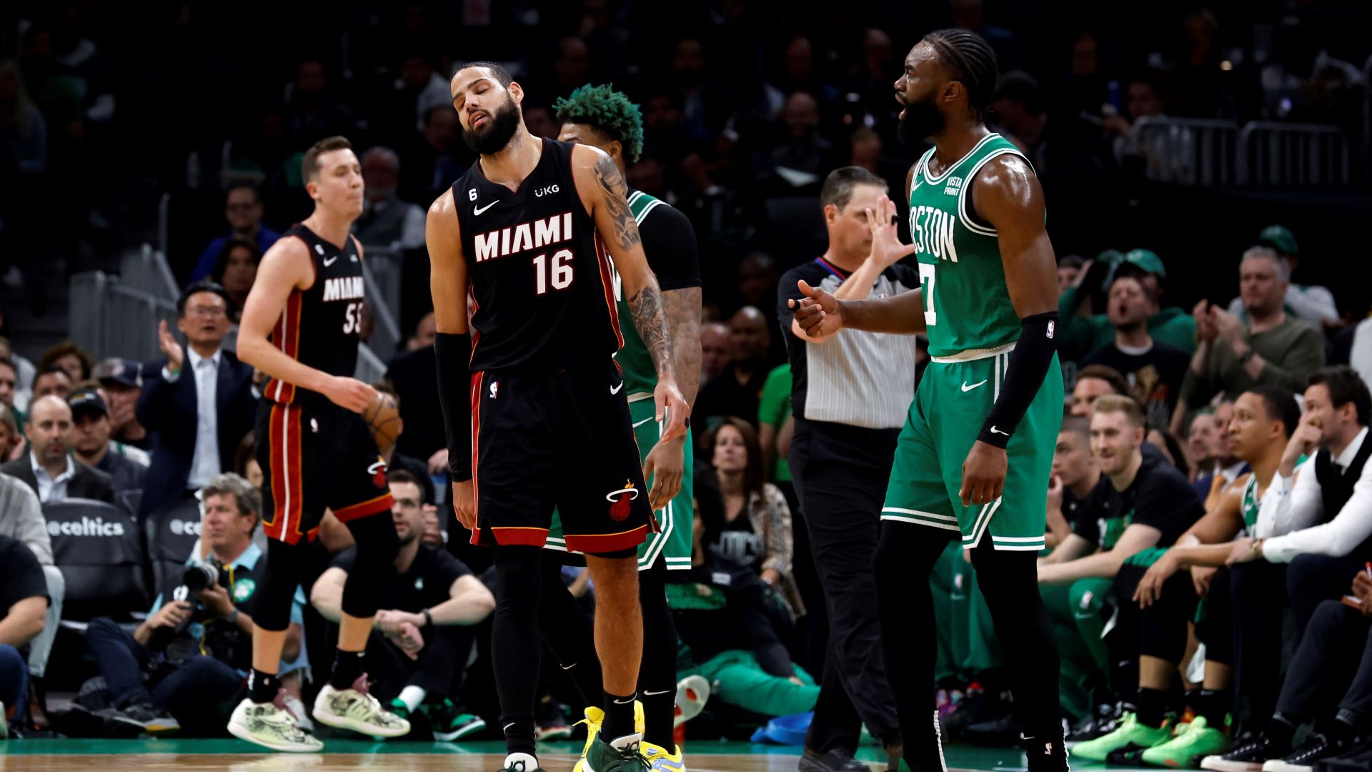 Boston Celtics forward Jaylen Brown and Miami Heat forward Caleb Martin