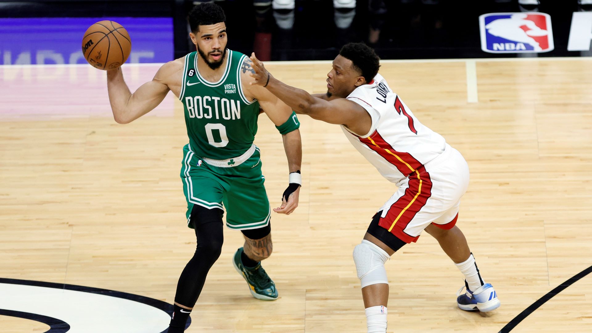 Boston Celtics forward Jayson Tatum and Miami Heat guard Kyle Lowry