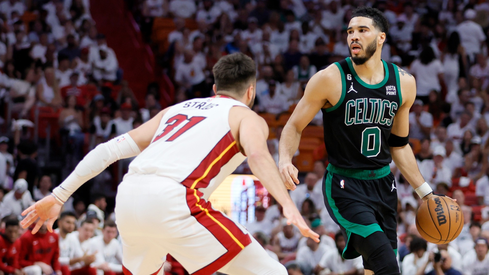 Boston Celtics forward Jayson Tatum, Miami Heat guard Max Strus