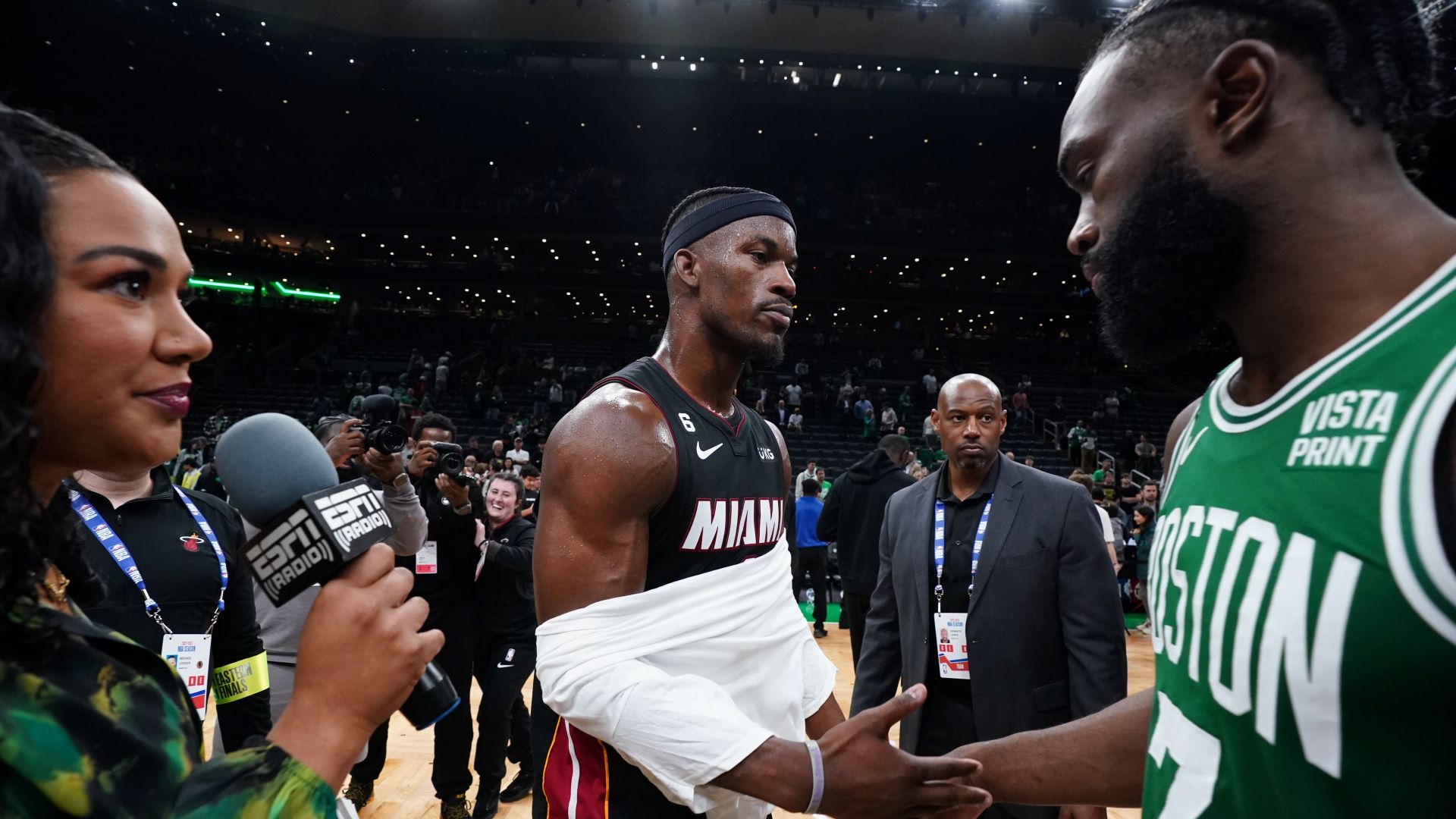 Miami Heat forward Jimmy Butler and Boston Celtics forward Jaylen Brown