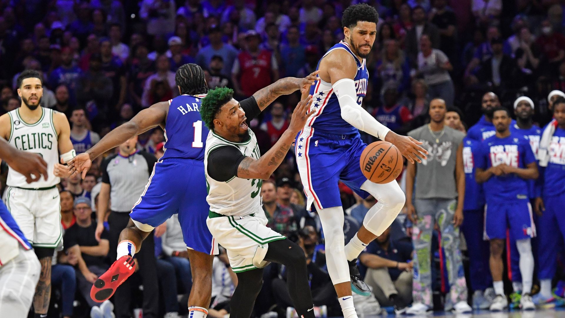 Boston Celtics guard Marcus Smart and Philadelphia 76ers forward Tobias Harris