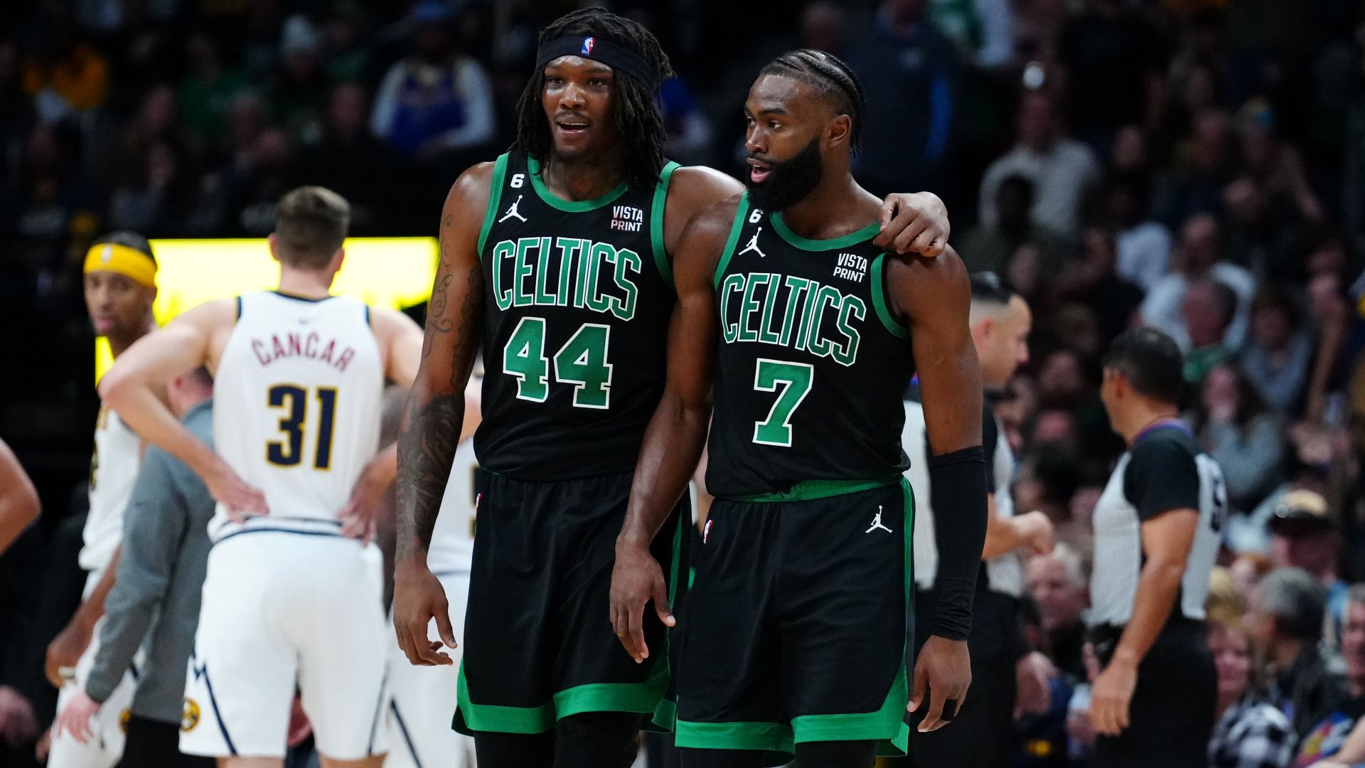 Boston Celtics center Robert Williams III and guard Jaylen Brown