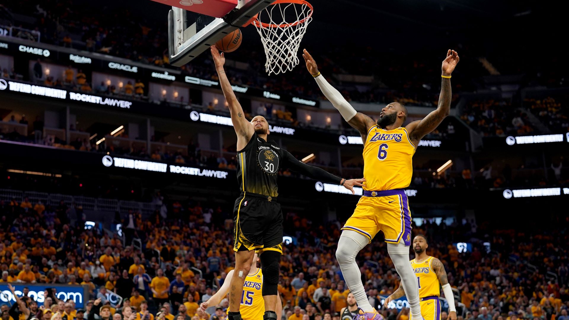 Golden State Warriors guard Stephen Curry and Los Angeles Lakers forward LeBron James