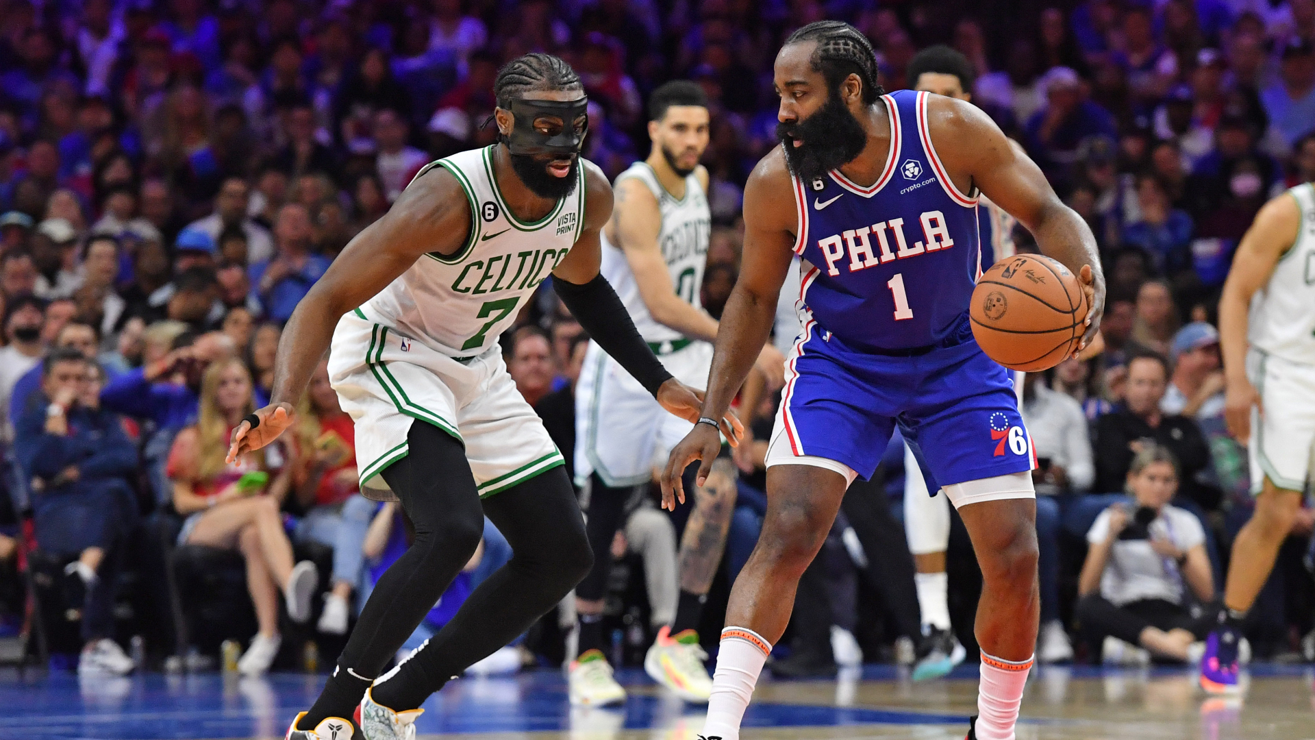 Boston Celtics guard Jaylen Brown, Philadelphia 76ers James Harden