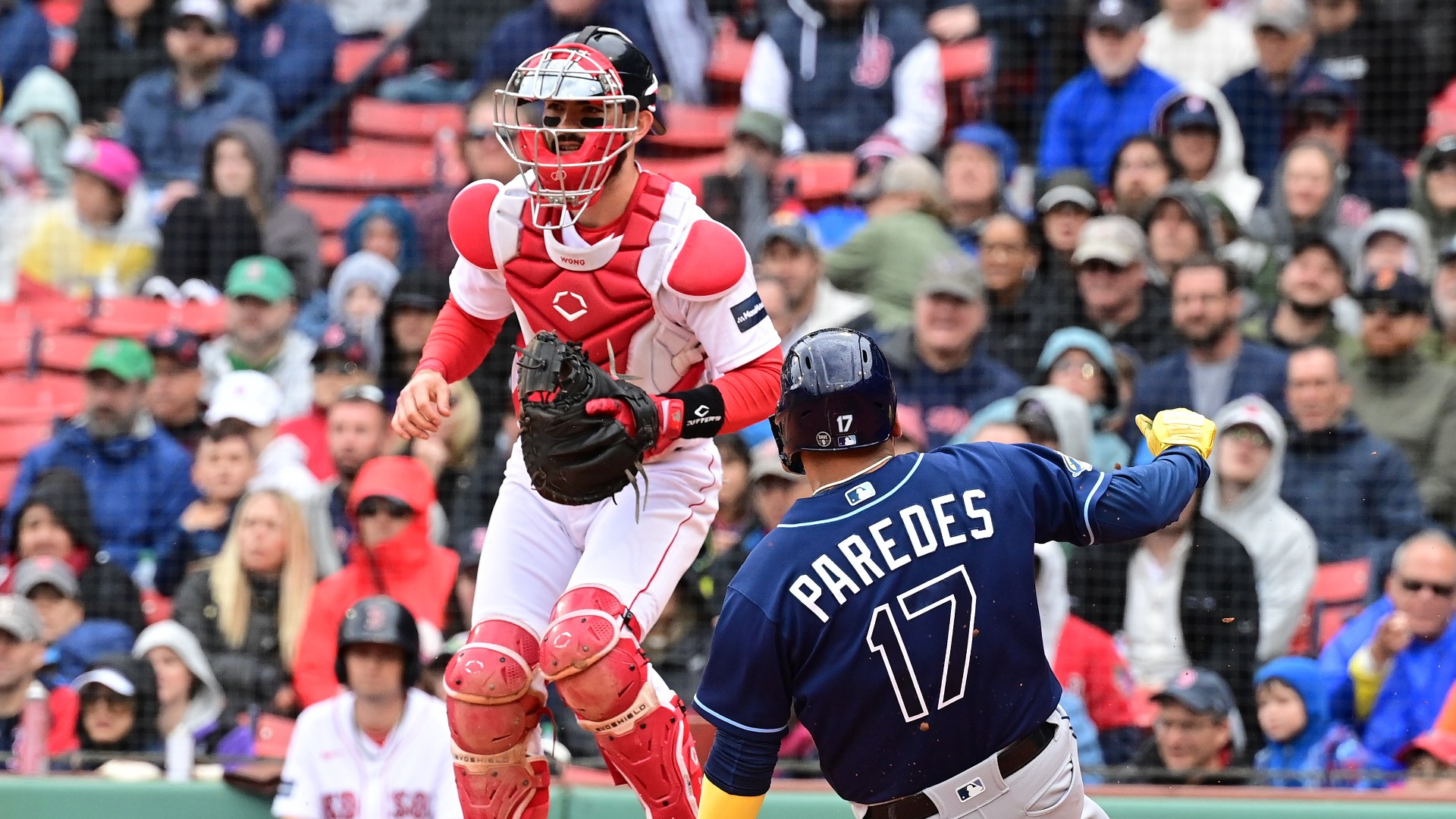 Boston Red Sox catcher Connor Wong and Tampa Bay Rays infielder Issac Paredes