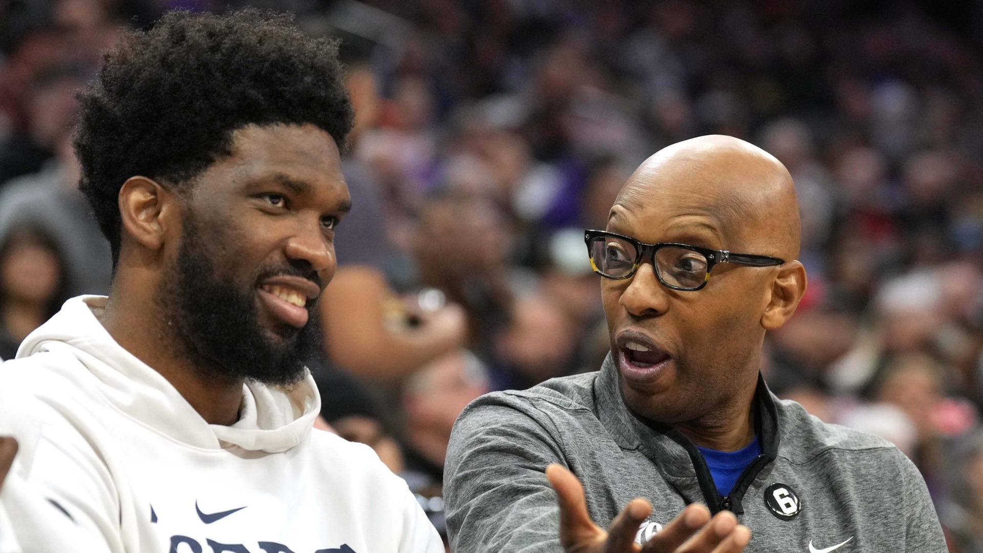 Philadelphia 76ers center Joel Embiid, Boston Celtics assistant coach Sam Cassell