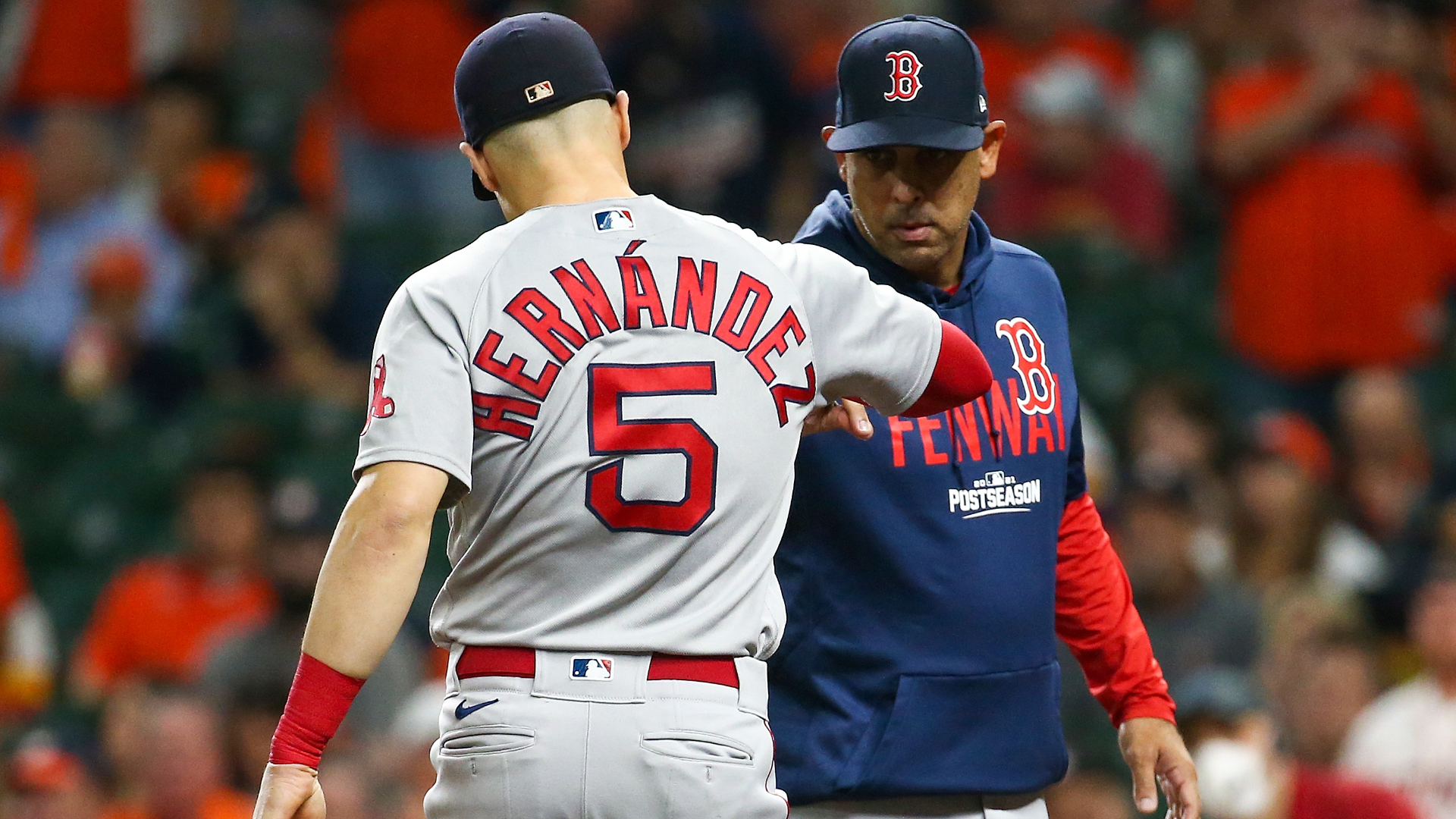 Los Angeles Dodgers infielder Kiké Hernández and Boston Red Sox manager Alex Cora