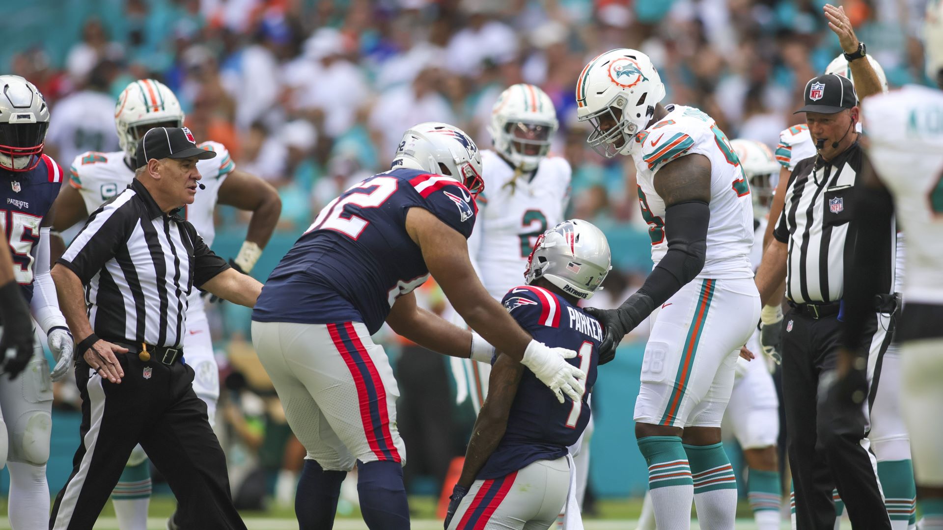 New England Patriots offensive lineman Sidy Sow and wide receiver DeVante Parker