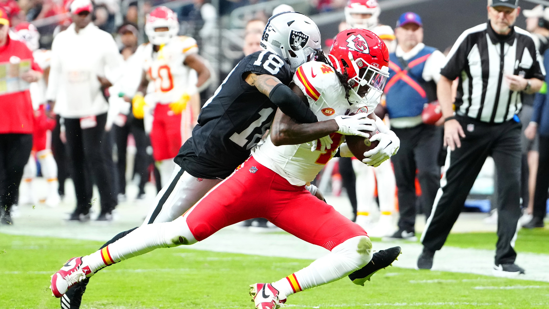 Las Vegas Raiders cornerback Jack Jones, Kansas City Chiefs wide receiver Rashee Rice