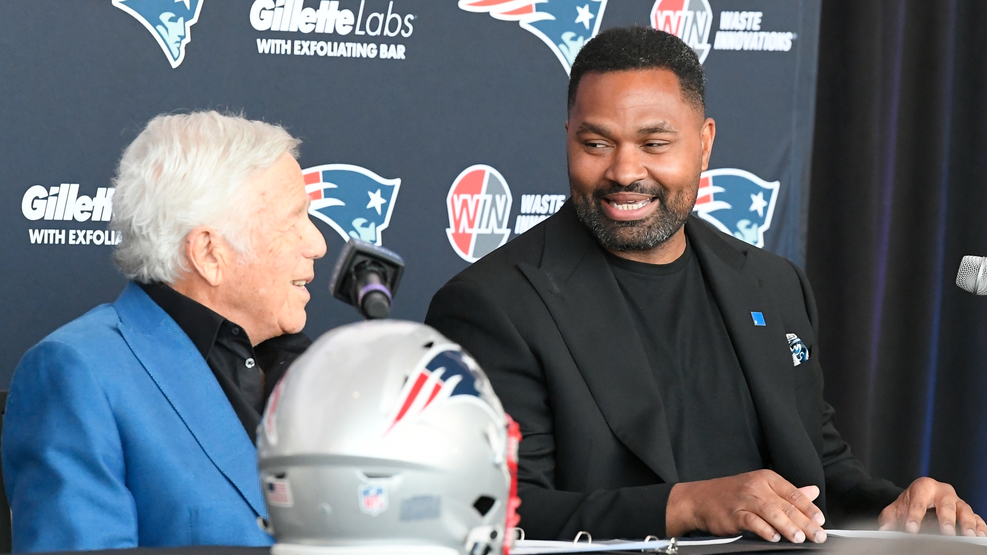 New England Patriots owner Robert Kraft, head coach Jerod Mayo