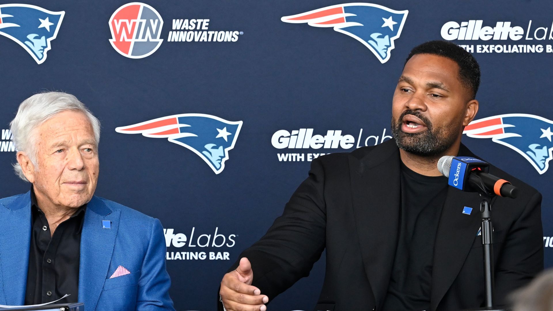 New England Patriots head coach Jerod Mayo and owner Robert Kraft
