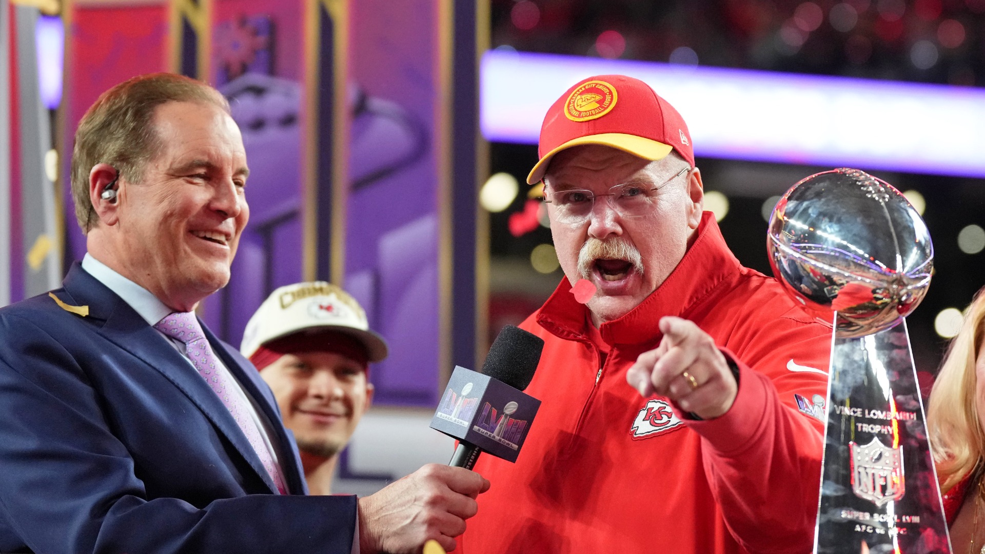 CBS commentator Jim Nantz, Kansas City Chiefs head coach Andy Reid