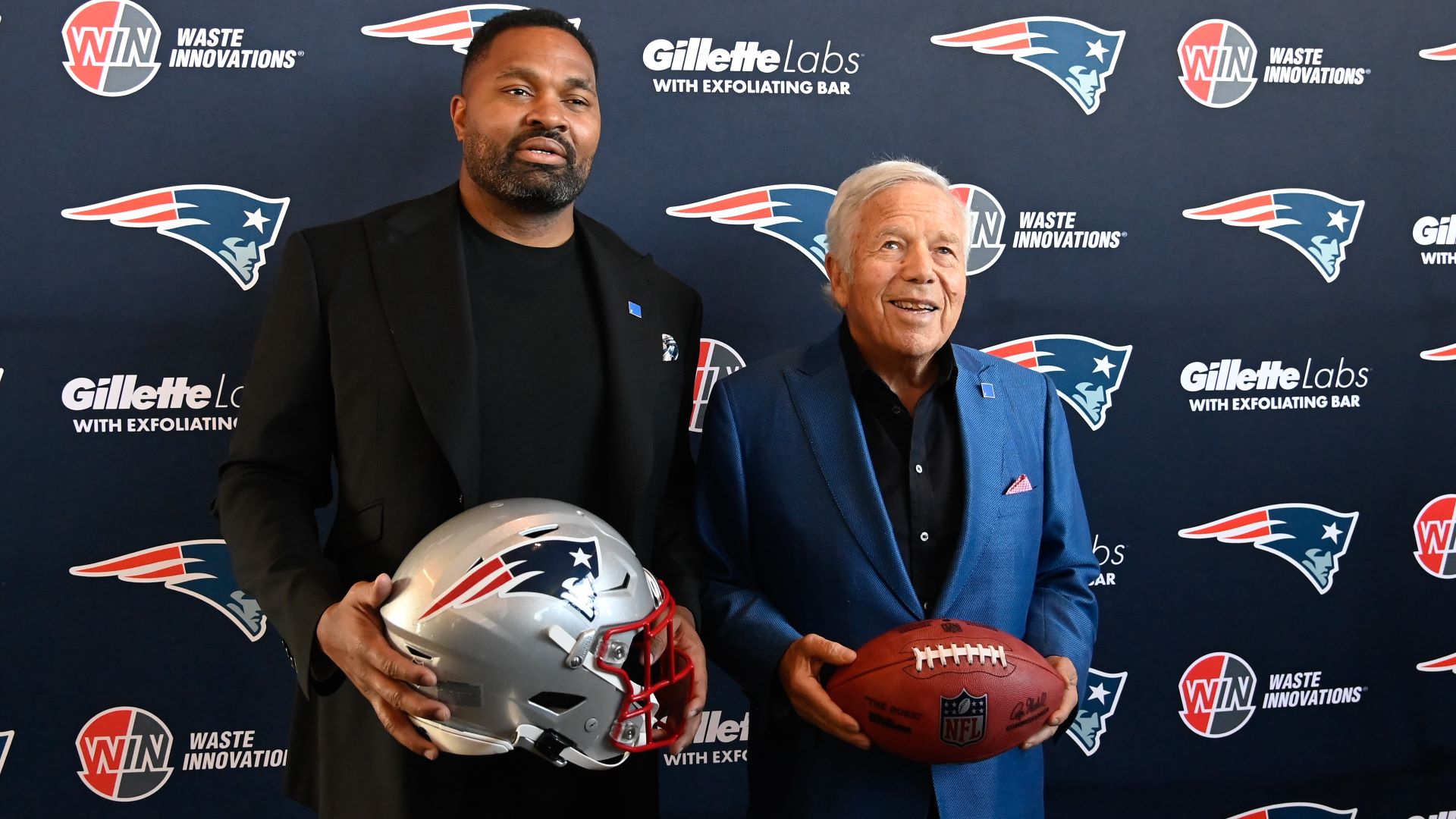 New England Patriots head coach Jerod Mayo and owner Robert Kraft