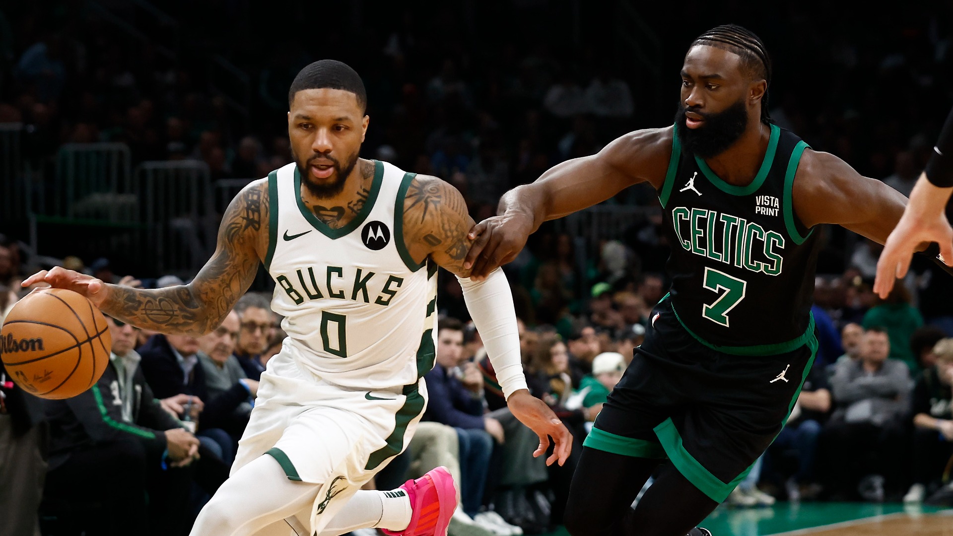 Boston Celtics guard Jaylen Brown and Milwaukee Bucks guard Damian Lillard