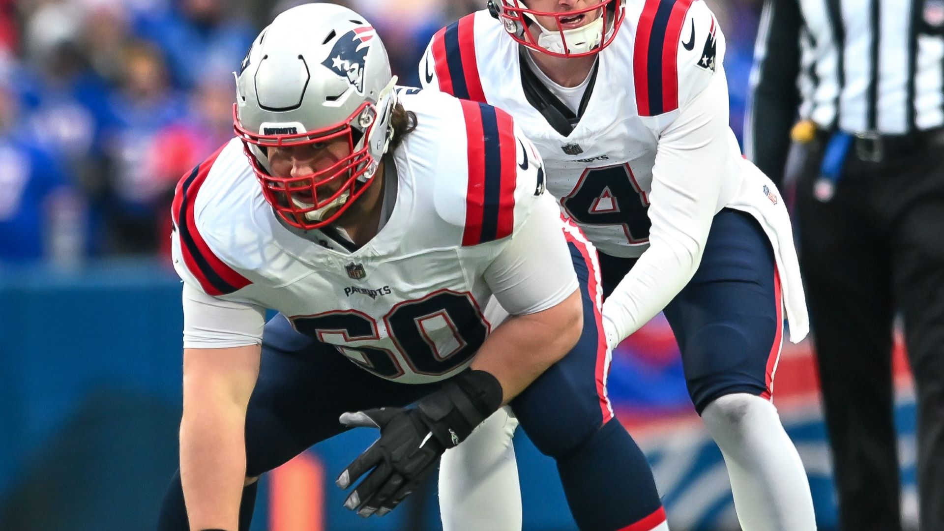 New England Patriots center David Andrews and quarterback Bailey Zappe