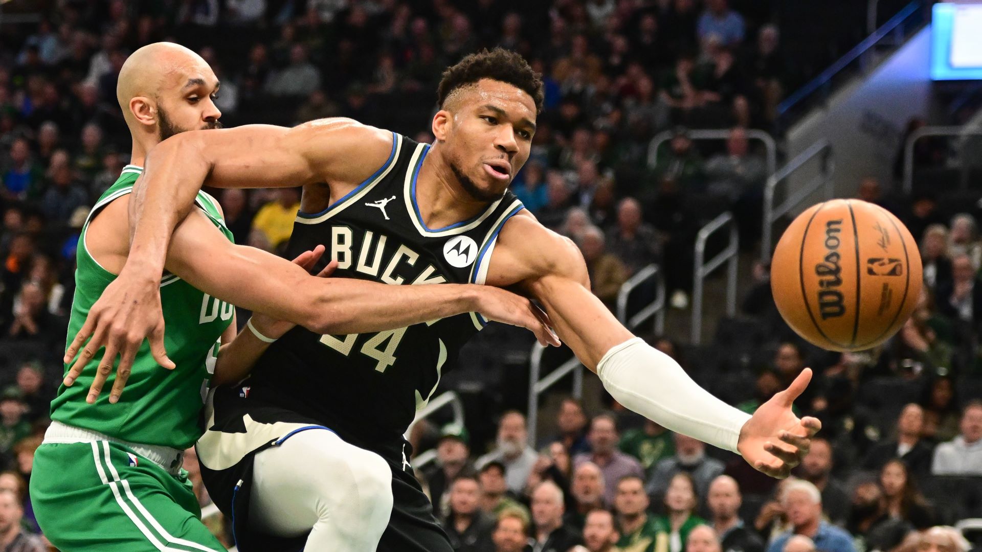 Milwaukee Bucks forward Giannis Antetokounmpo and Boston Celtics guard Derrick White