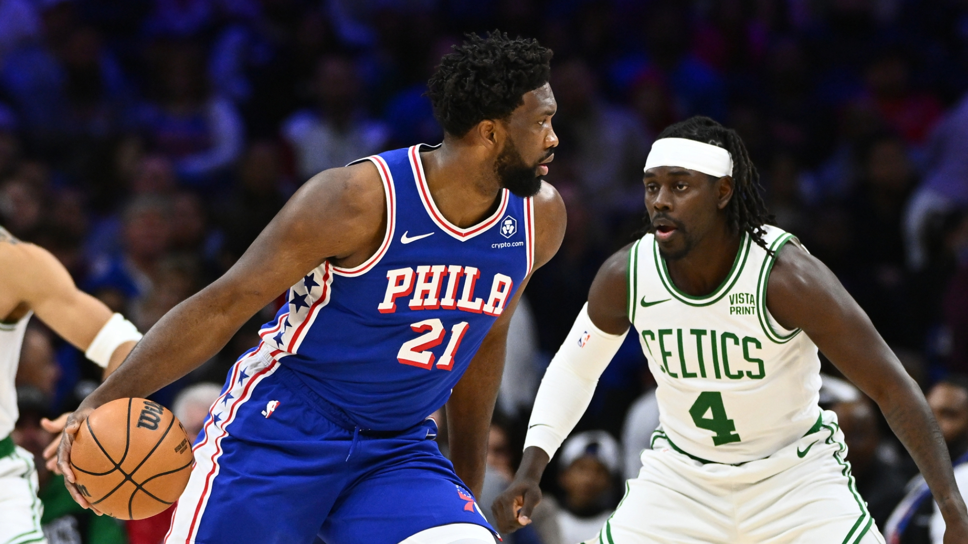 Philadelphia 76ers center Joel Embiid and Boston Celtics guard Jrue Holiday