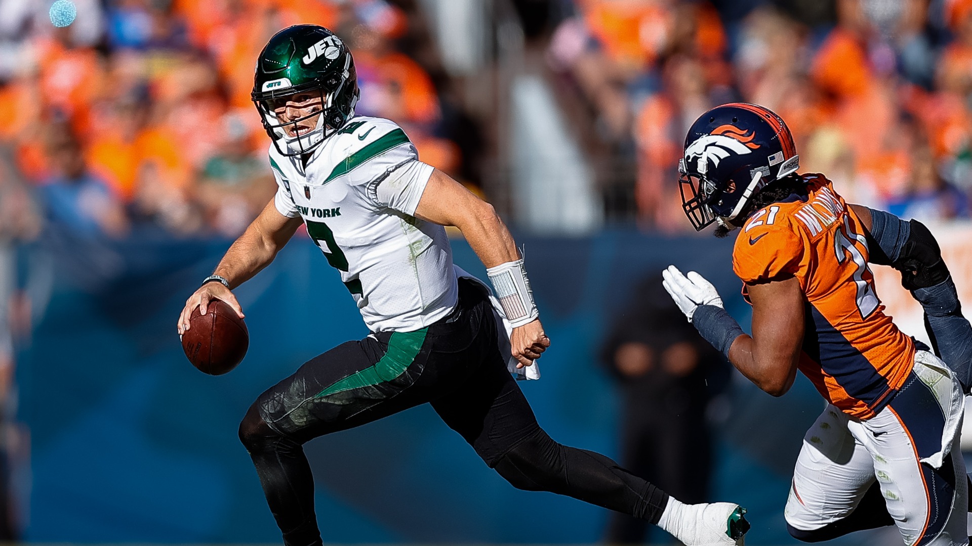 Denver Broncos quarterback Zach Wilson, cornerback K'Waun Williams